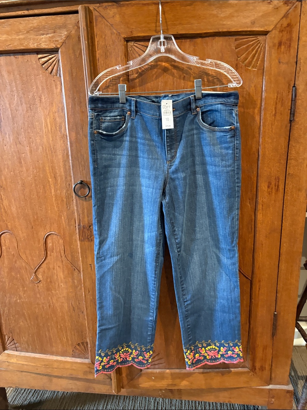 Loft Fashion Dark Blue Cropped Jeans with Colorful Embroidered Ankles